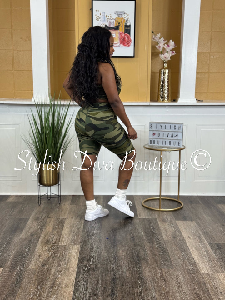 Camo Sleeveless Cropped Biker Set