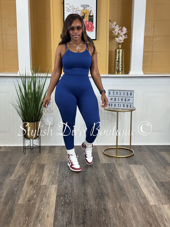 Seamless Ribbed High Waist Leggings (Lt Navy)