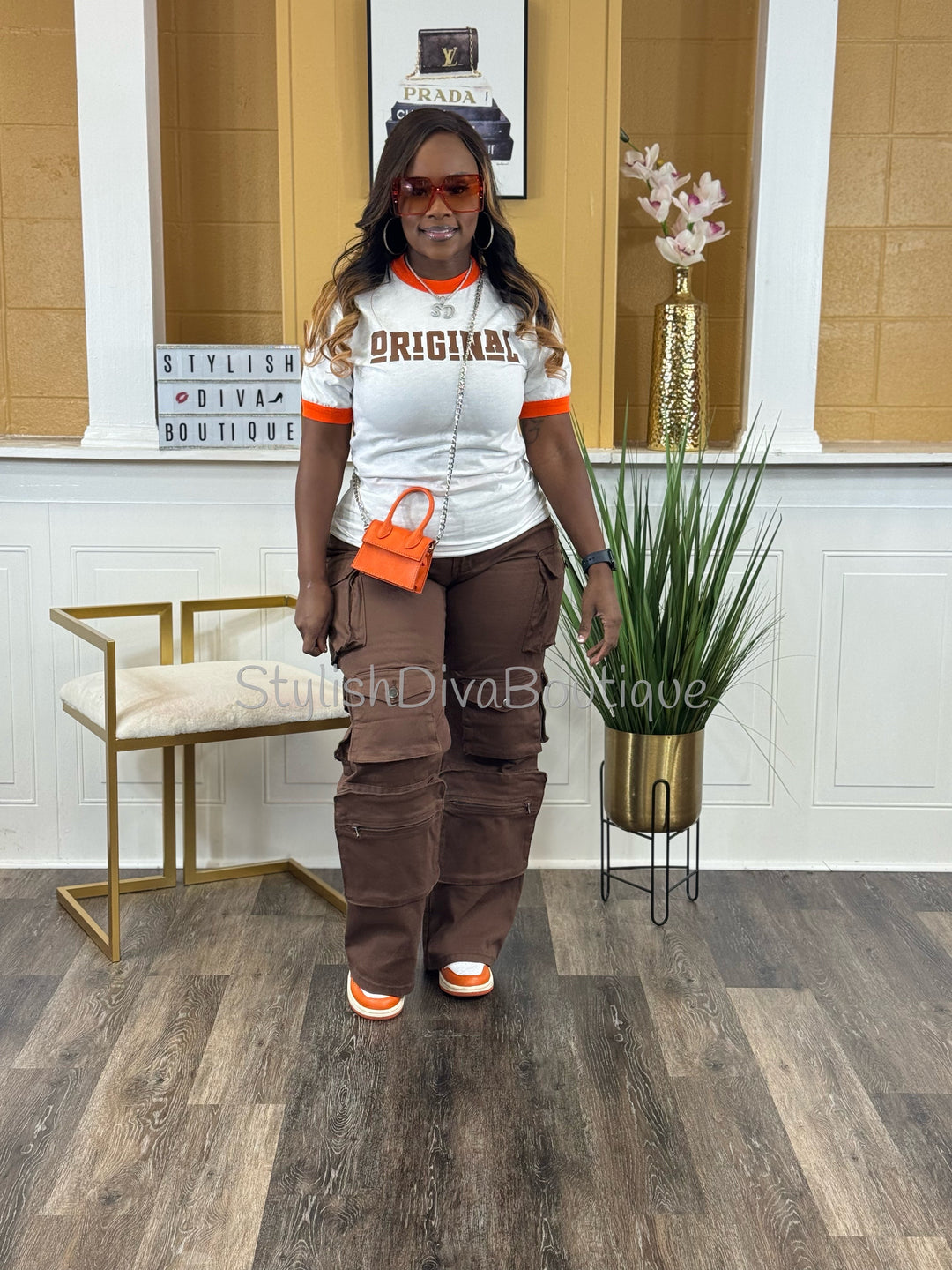 ORIGINAL Ringer Tee (White/Orange) (Brown Print)