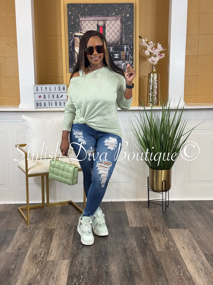 Bobbi Off Shoulder Spring Sweater (Sage)