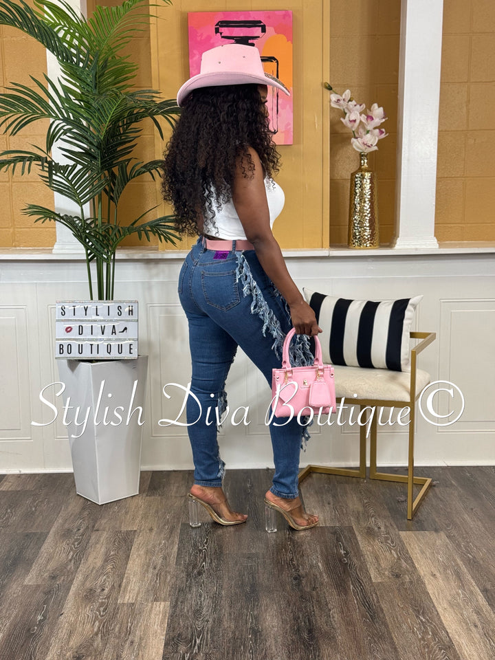 Show Stopper Distressed Fringe Jeans (Dark Wash)