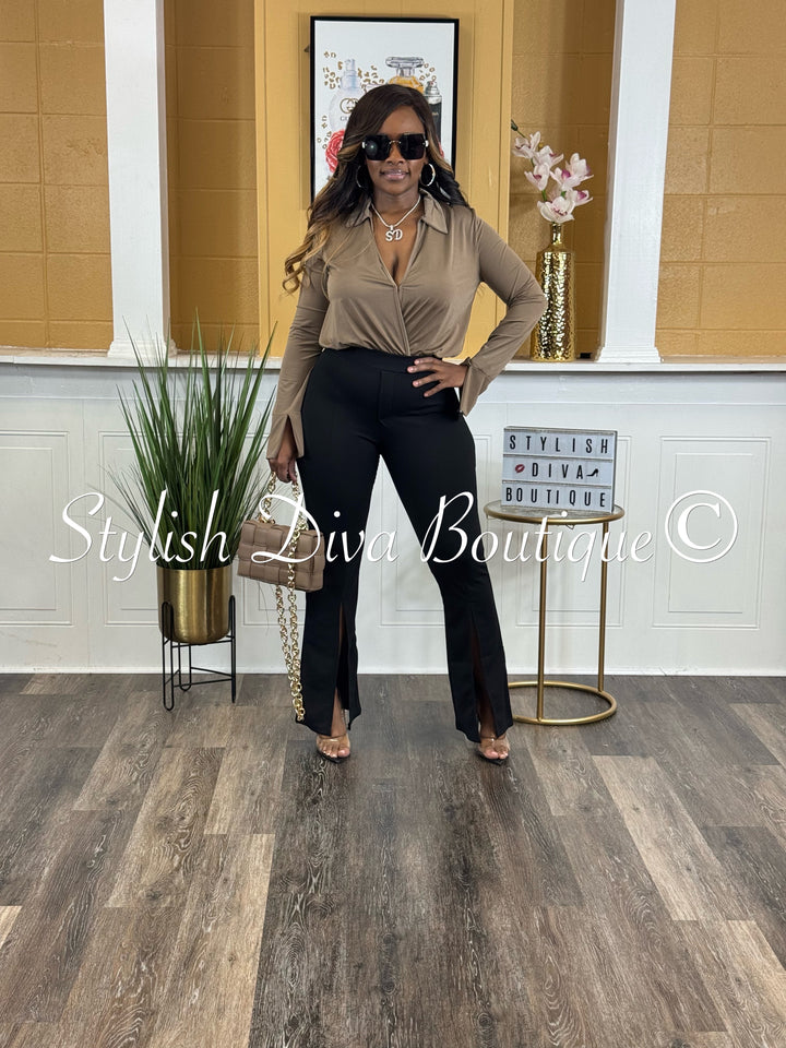 Split Front High Waist Flare Pants (Black)