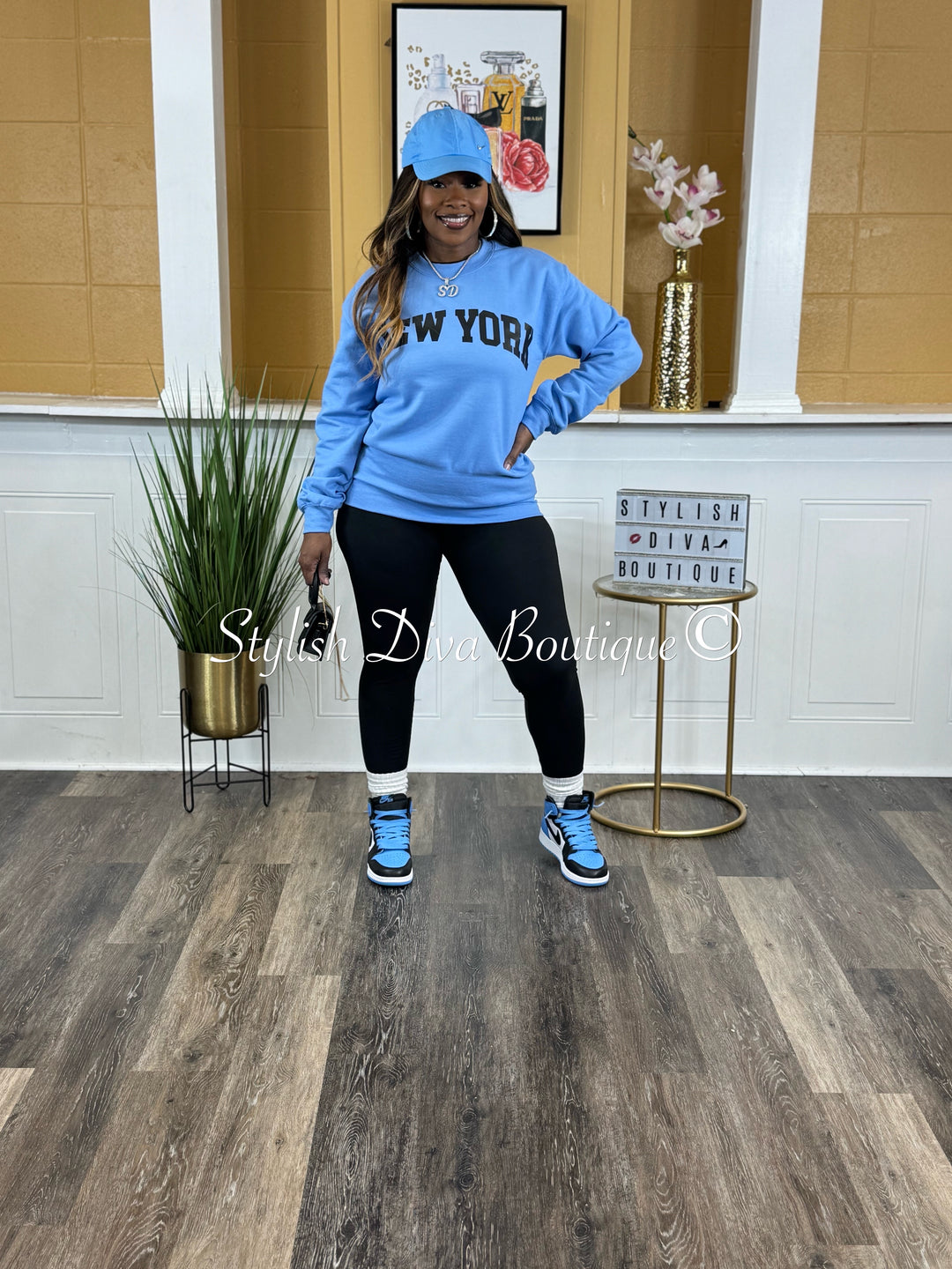 New York Sweatshirt Only up to 3XL (Carolina Blue/Black Print)
