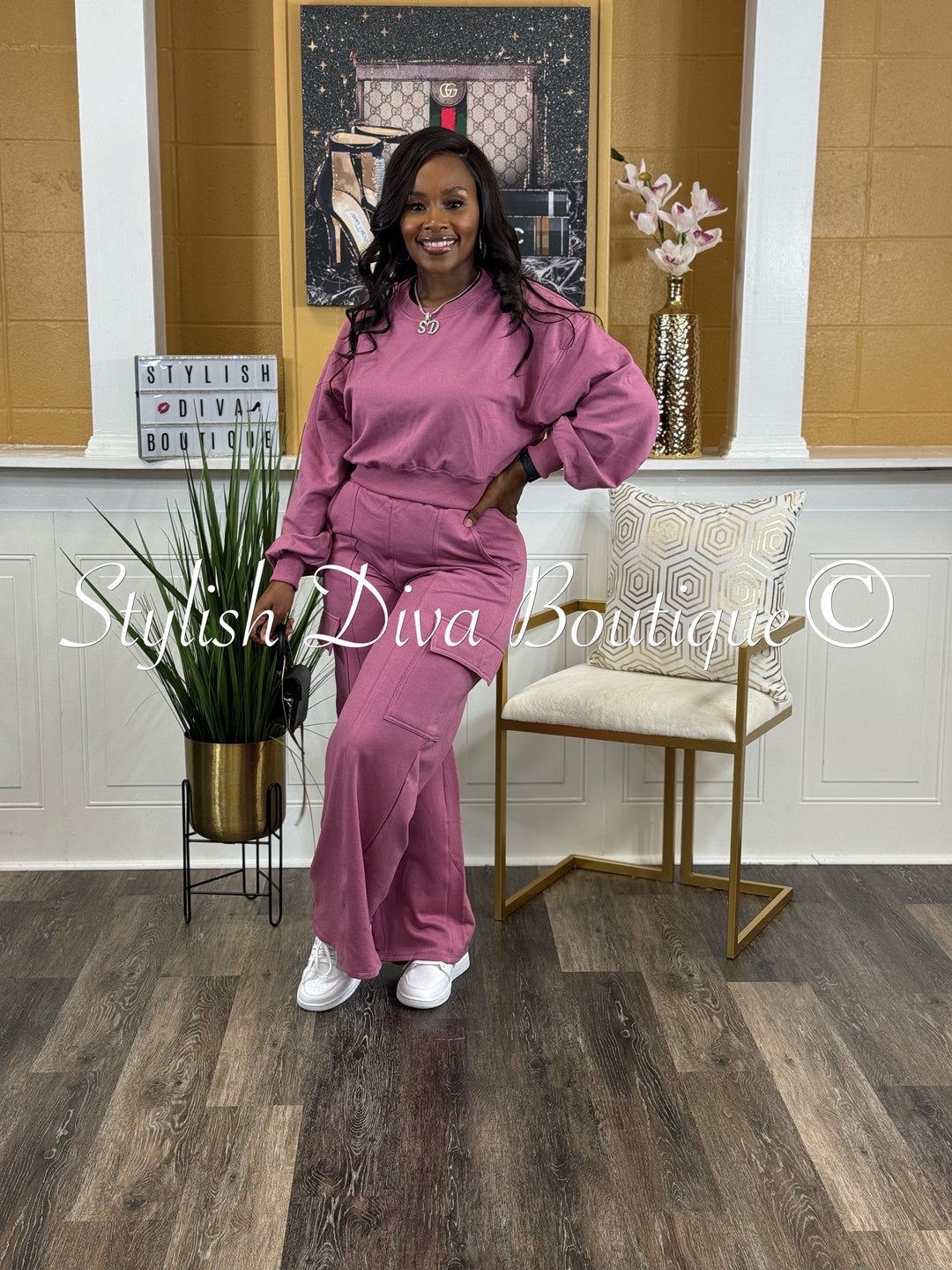 Say Less Wide Leg Cargo Pant Set (Ash Pink)