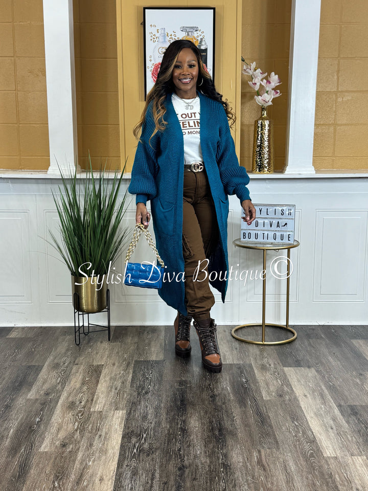 Keep Me Warm Oversized Long Knitted Cardigan (Teal)