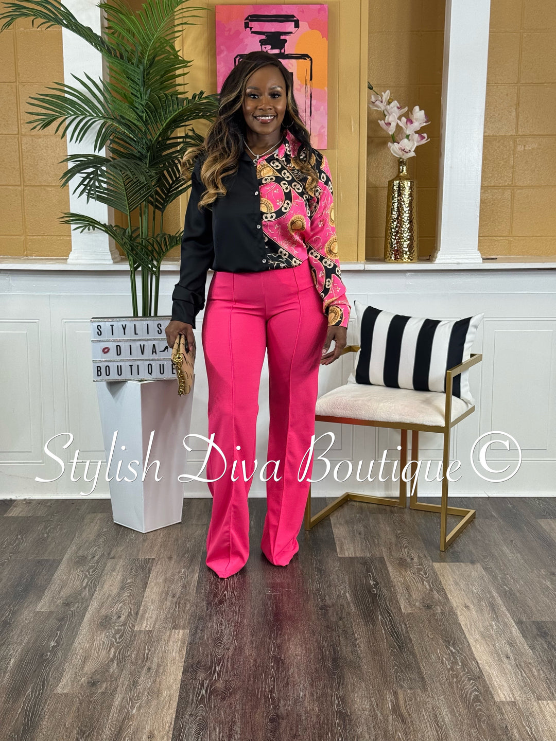 Juliana Color Block Print Shirt (Black/Hot Pink Paisley)