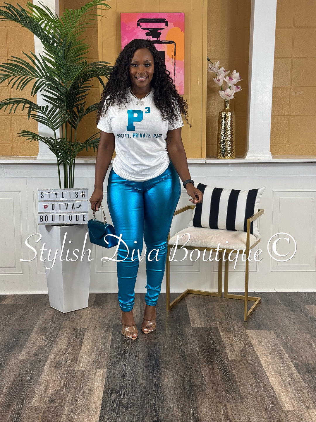 P-3 Pretty. Private. Paid. T-Shirt (White/Turquoise Foil Print)