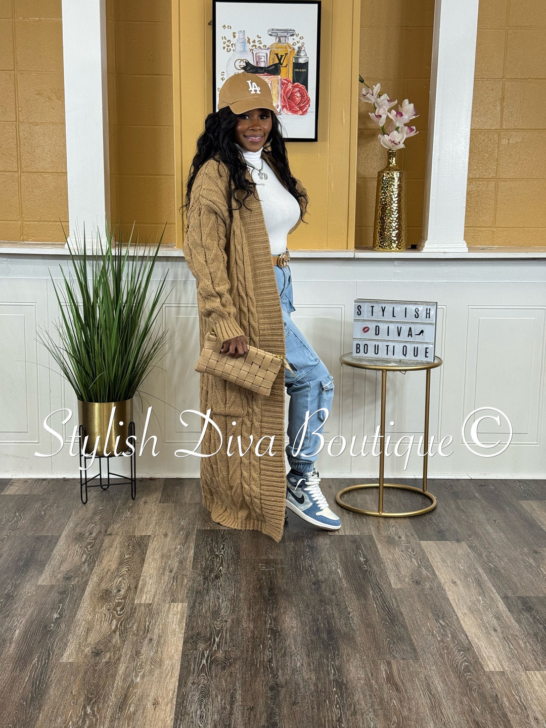 Kamala Long Cable Knit Cardigan (Khaki Brown)