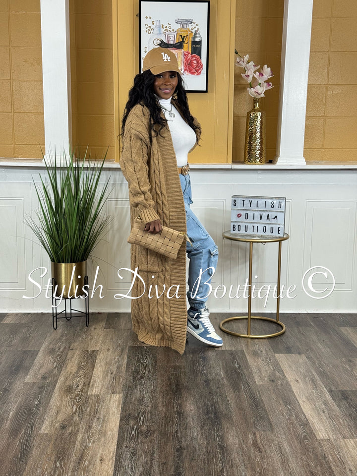 Kamala Long Cable Knit Cardigan (Khaki Brown)