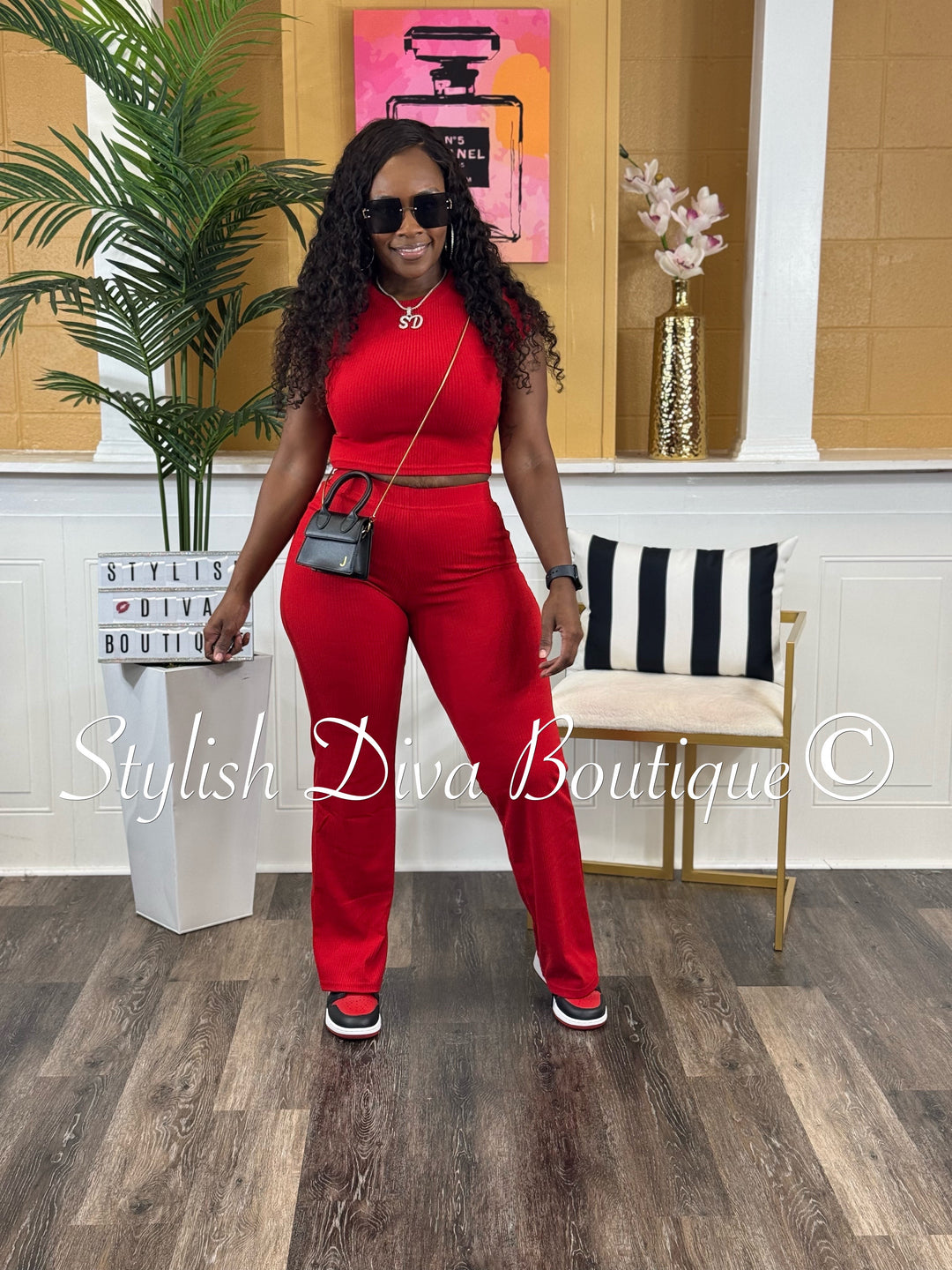 Haley Cropped Ribbed Set (Red)