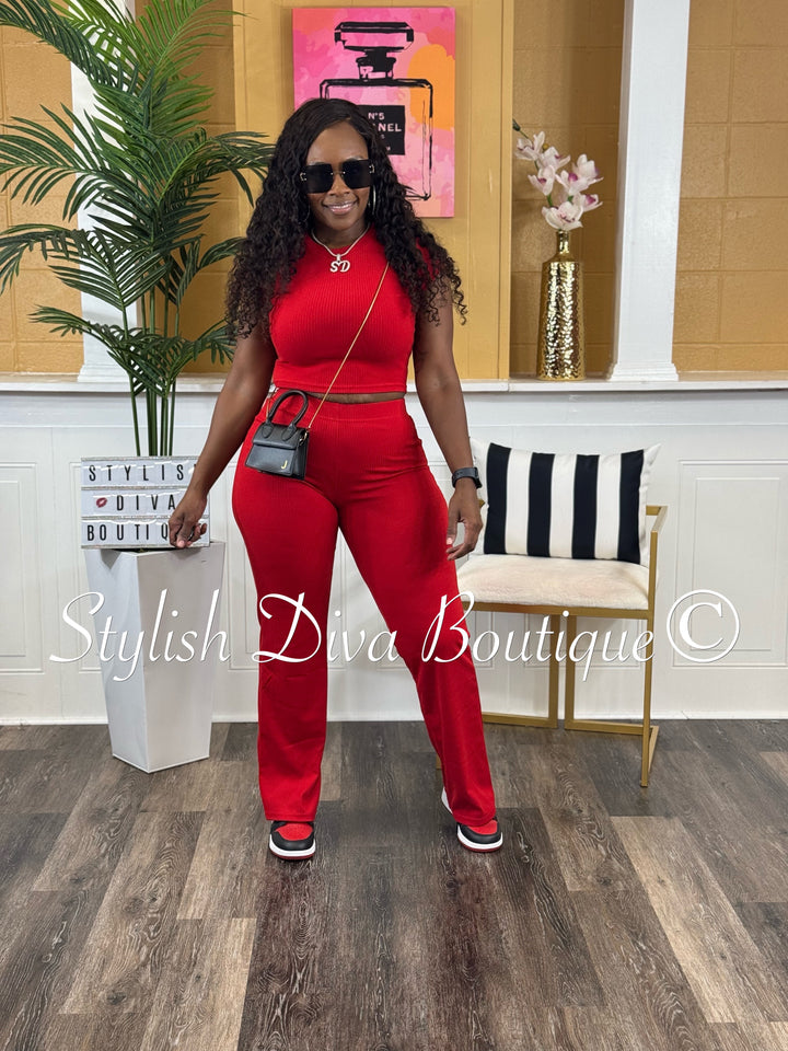 Haley Cropped Ribbed Set (Red)