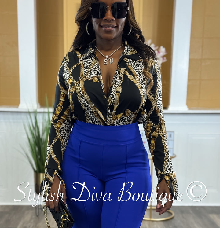 Venezia L/S Collared Bodysuit up to 3XL (Chains & Leopard Print)