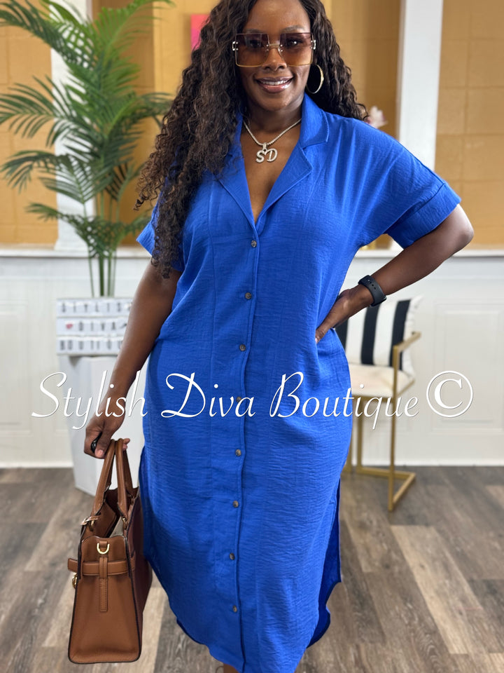 Kinder Buttoned Shirt Midi Dress (Royal Blue)