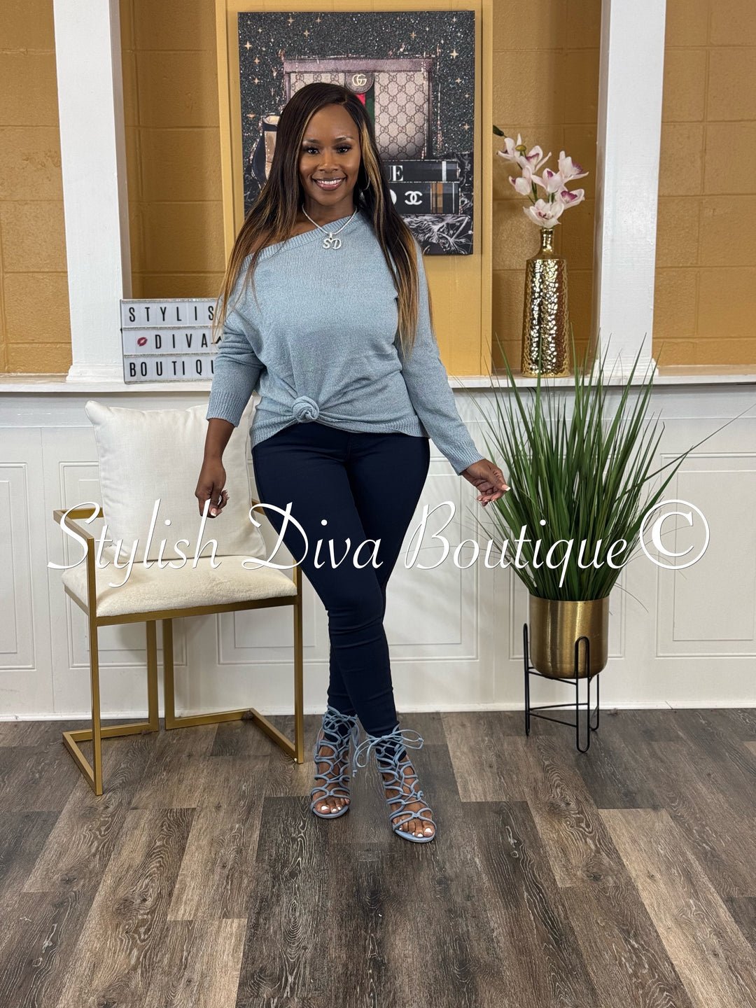 Bobbi Off Shoulder Spring Sweater (Denim Blue)