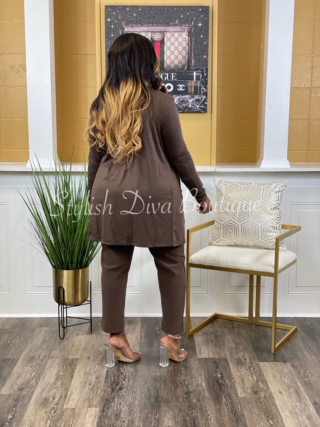 Business Inclusive 2pc Cardigan & Pants Set (Brown)