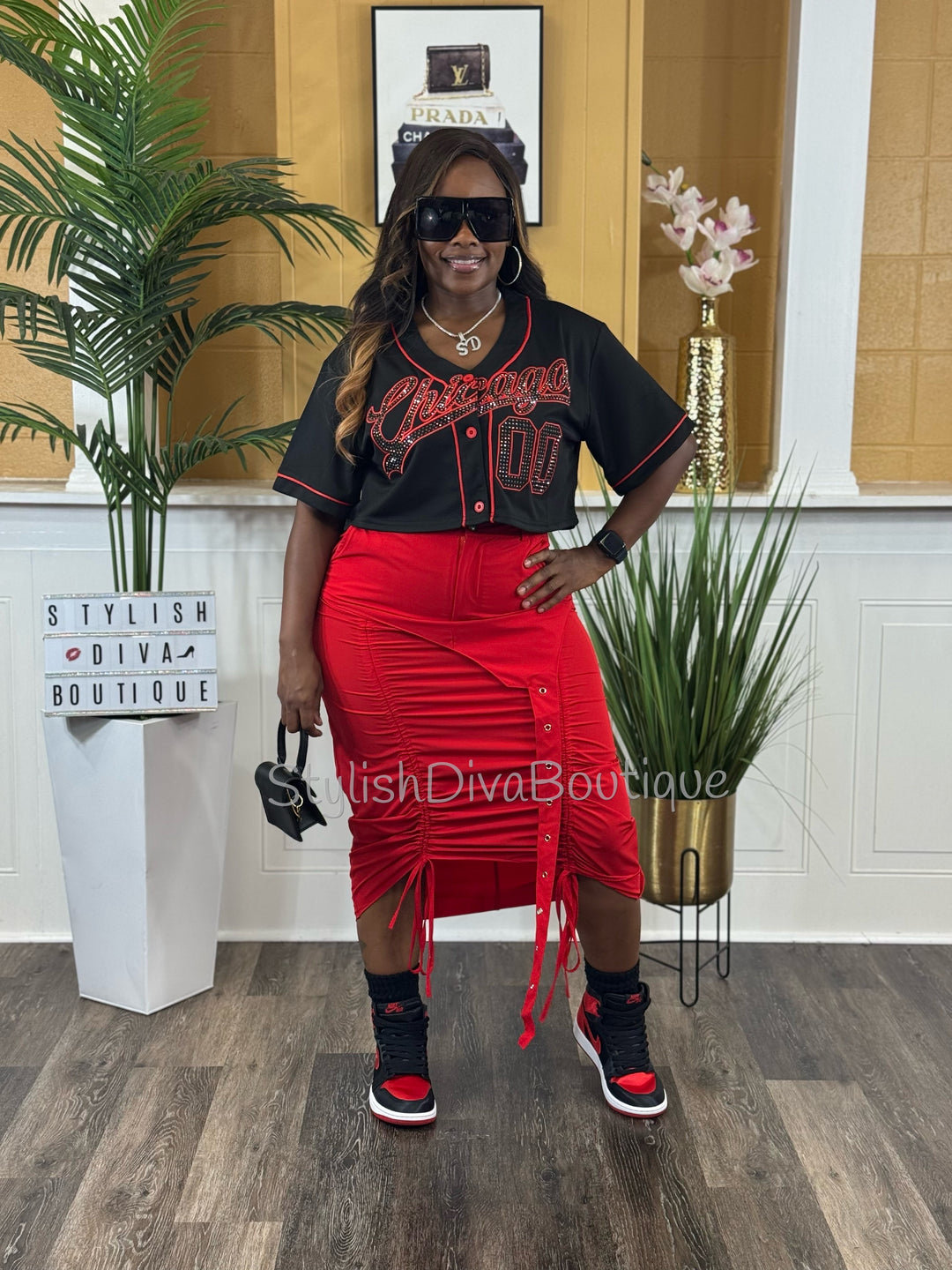 Chicago Cropped Baseball Jersey (Black/Red)