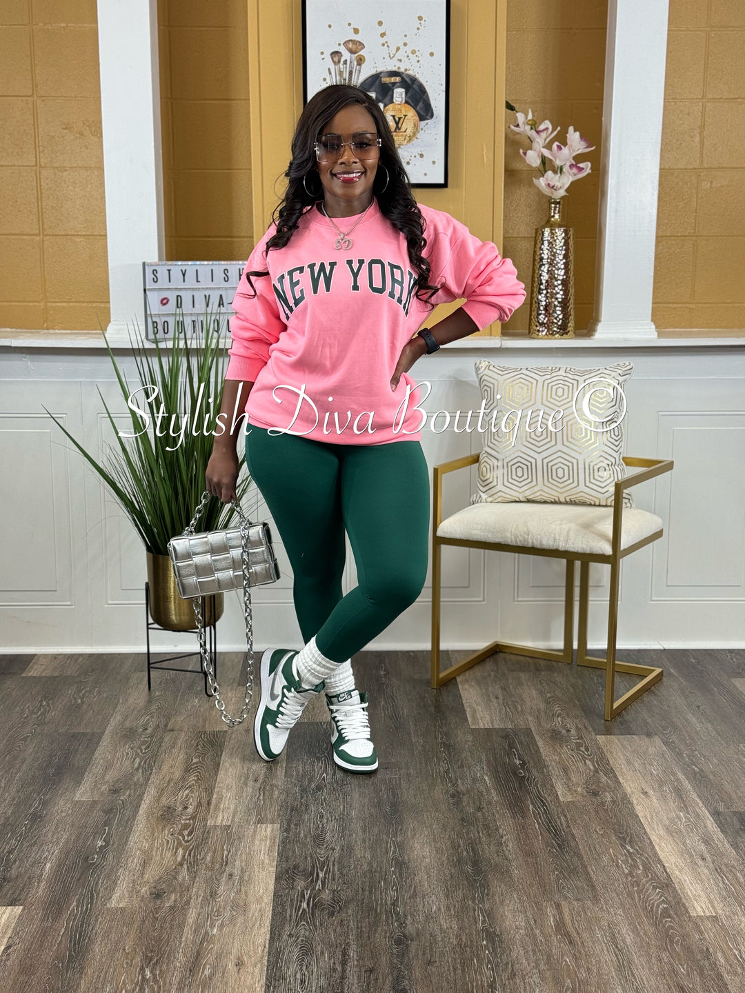 New York Oversized Sweatshirt & Leggings Set (Bright Pink/Dk Green Print)