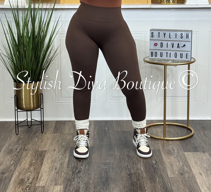 Seamless Ribbed High Waist Leggings (Brown)