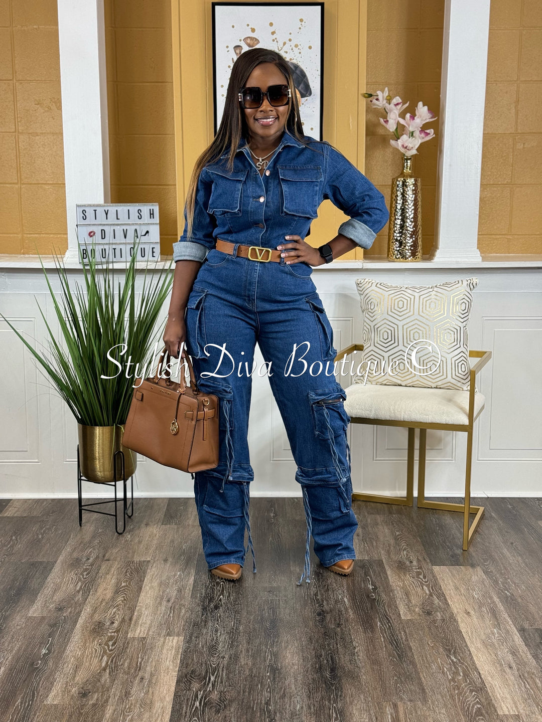 Zena L/S Cargo Denim Jumpsuit up to 3XL (Medium Wash)