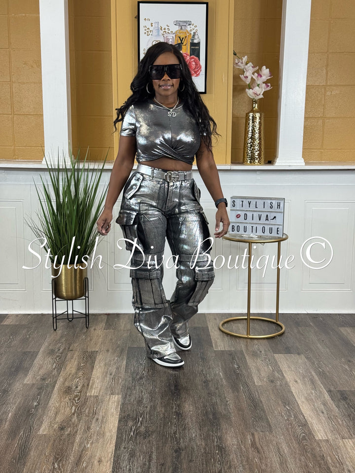 Mecca Metallic Cargo Pants (Black Denim/Silver Foil)
