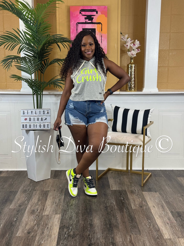 Girl Crush Cropped Hoodie Tee (Grey/Neon Yellow)