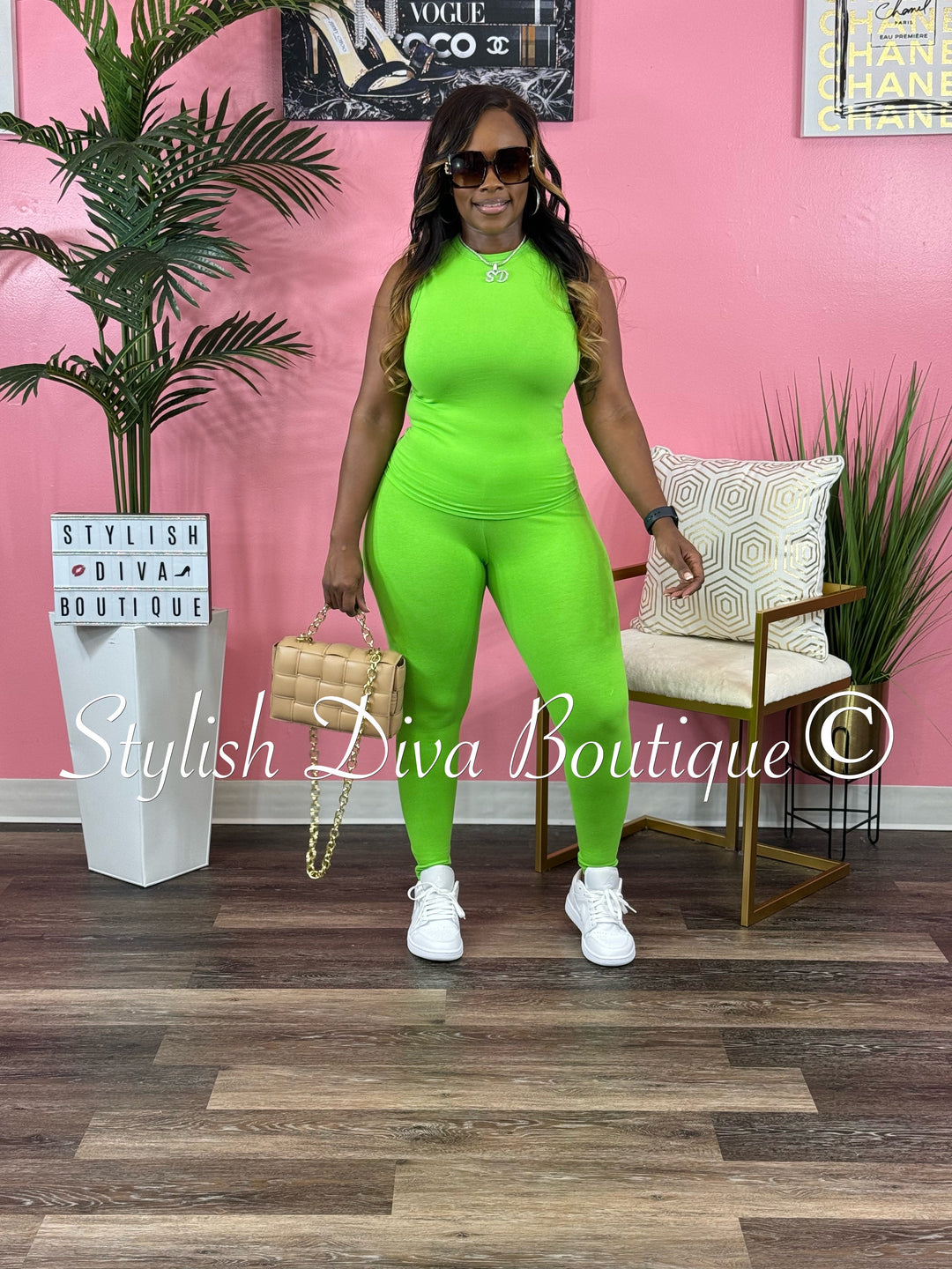 Miranda Sleeveless Legging Set up to 3XL (Lime Green)