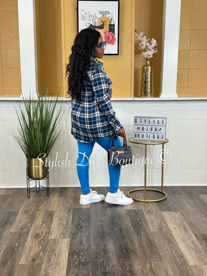 Oversize Plaid Long Sleeve Top (Navy)
