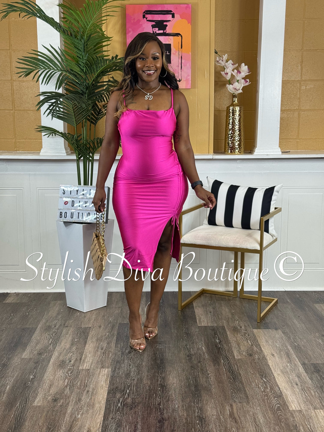 Sleek Temptation Midi Dress (Fuchsia Pink)