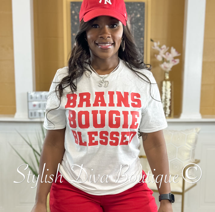 Brains Bougie Blessed T-Shirt (White Shirt/Red Print)