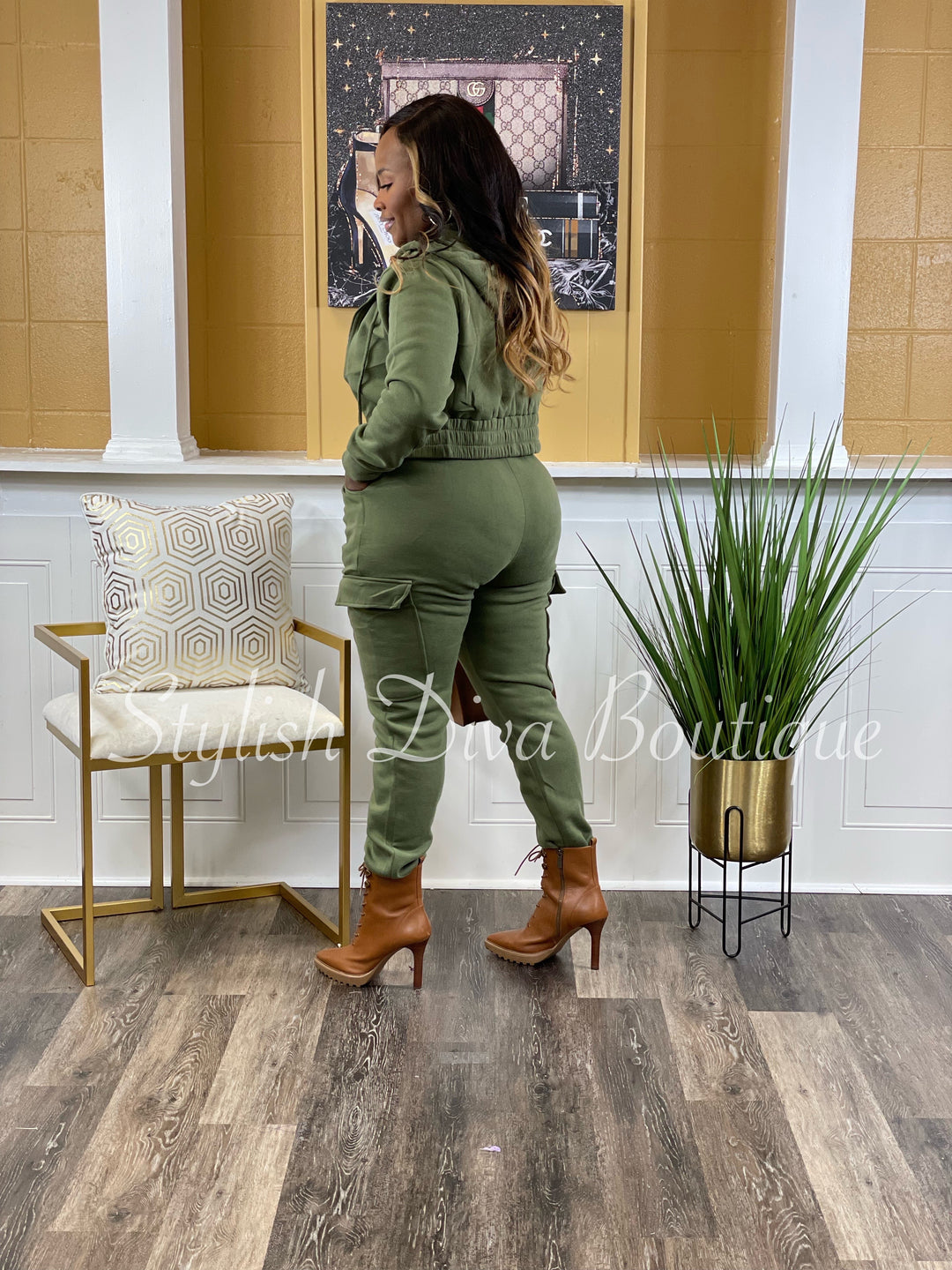 Gone Again 2pc Cropped Hoodie Jogger Set (Olive)