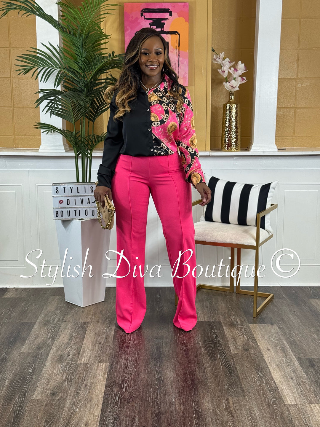Juliana Color Block Print Shirt (Black/Hot Pink Paisley)