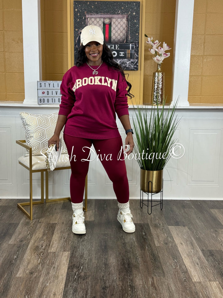 Brooklyn Oversized Sweatshirt & Leggings Set (Cabernet & Cream)