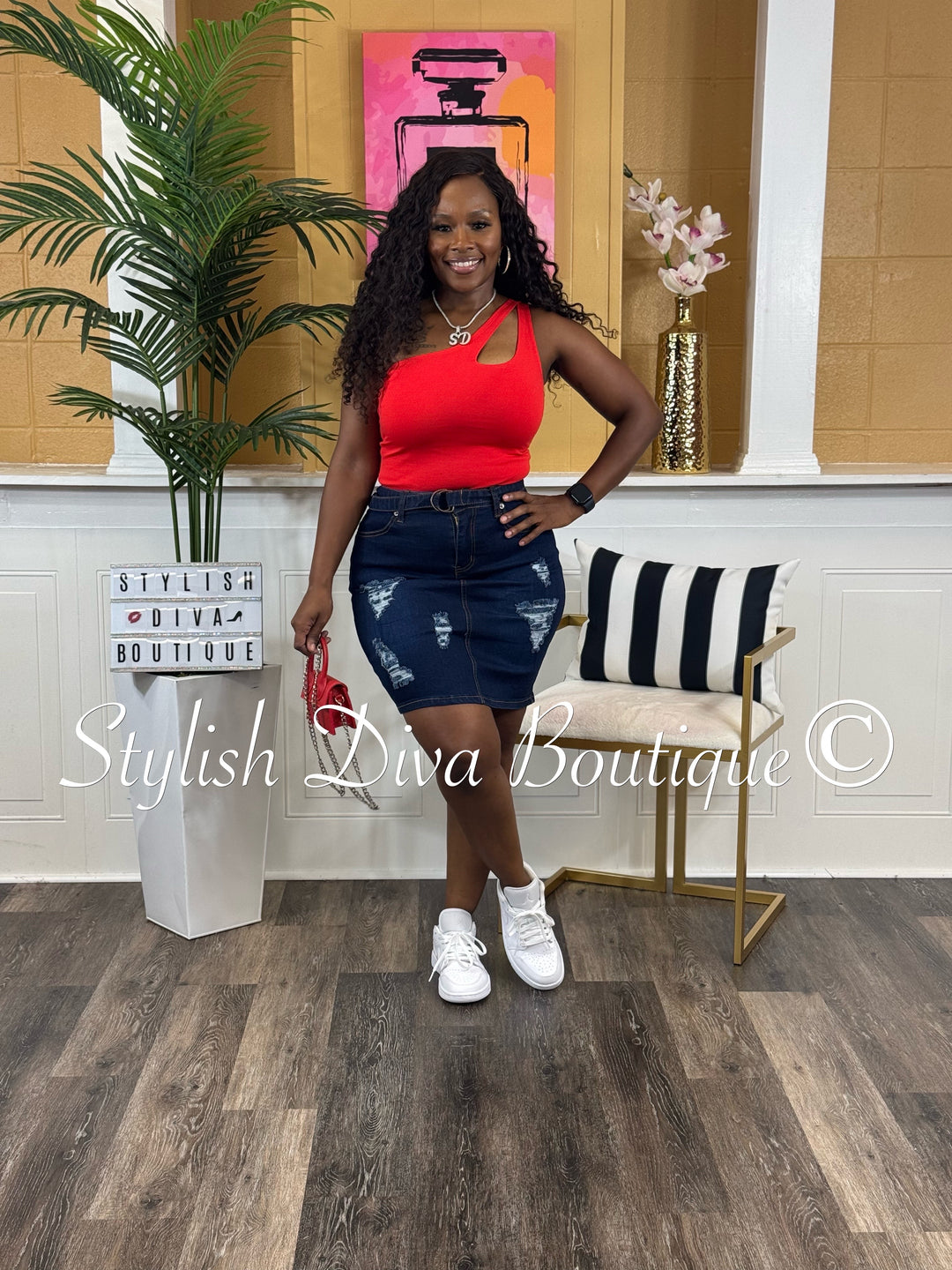 Nyla Distressed Denim Skirt (Dark Denim)