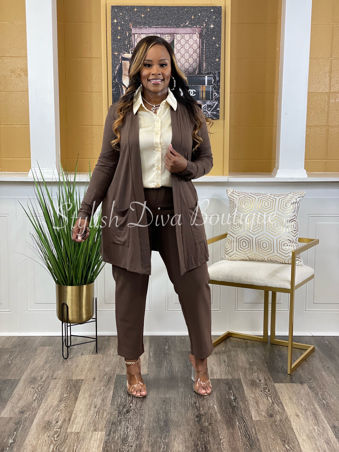 Business Inclusive 2pc Cardigan & Pants Set (Brown)