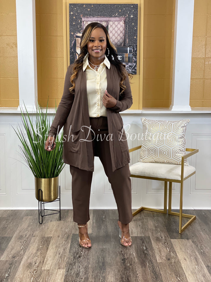 Business Inclusive 2pc Cardigan & Pants Set (Brown)