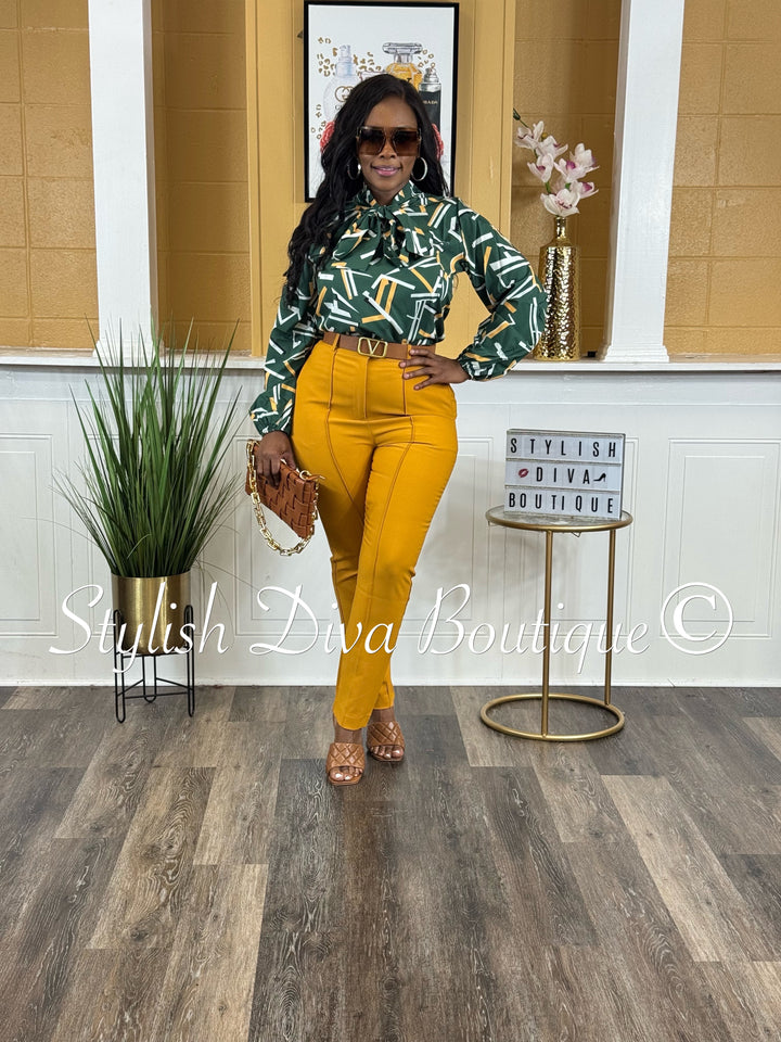 Sophia Pussybow Blouse Top (Green/Mustard/Black/White)