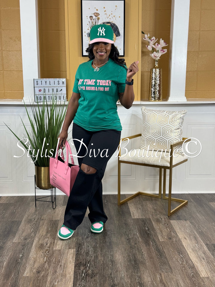 I Got Time Today T-Shirt (Kelly Green Shirt/Pink Print)