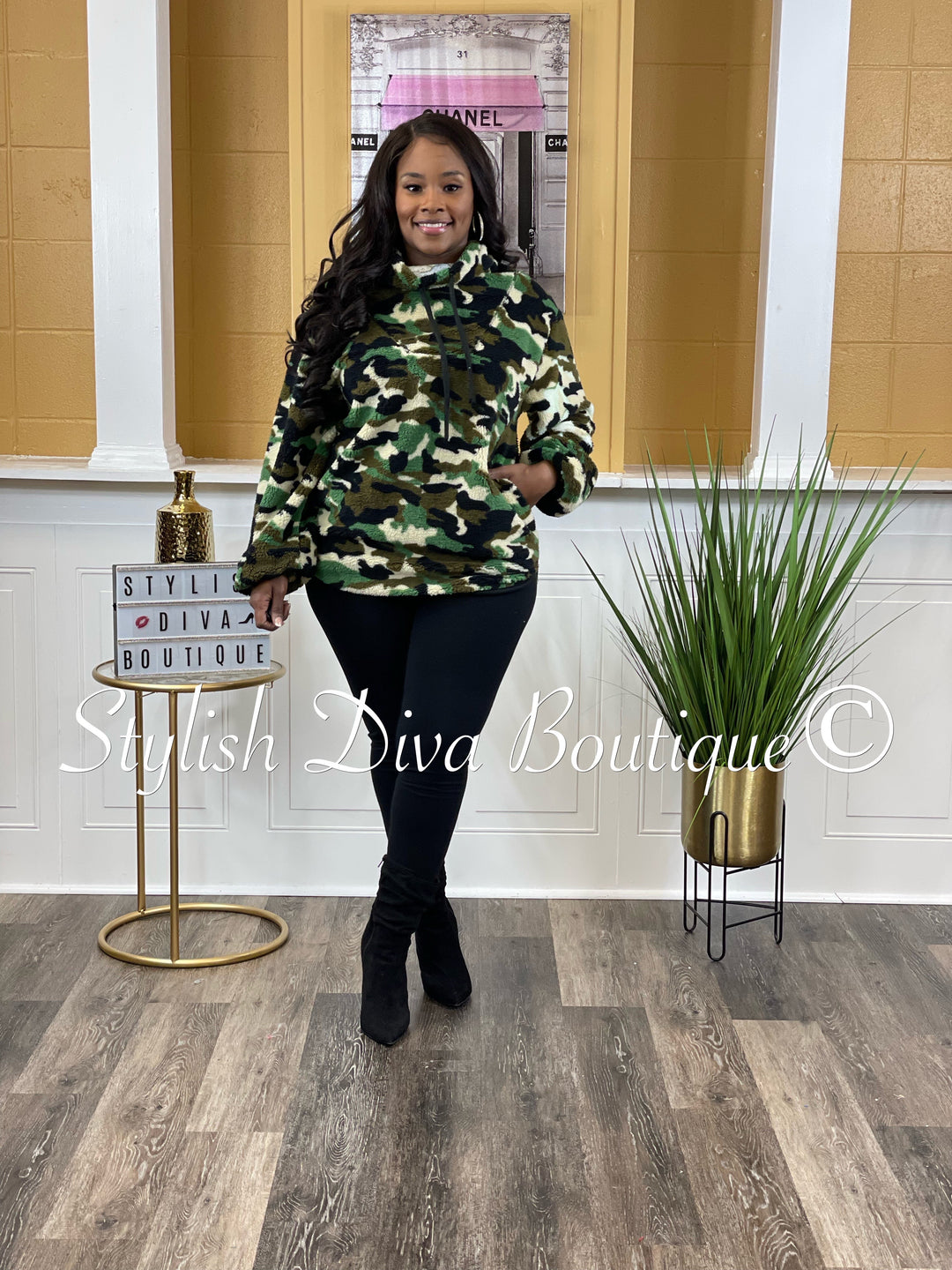 Printed Faux Fur Pullover Top (Camo)