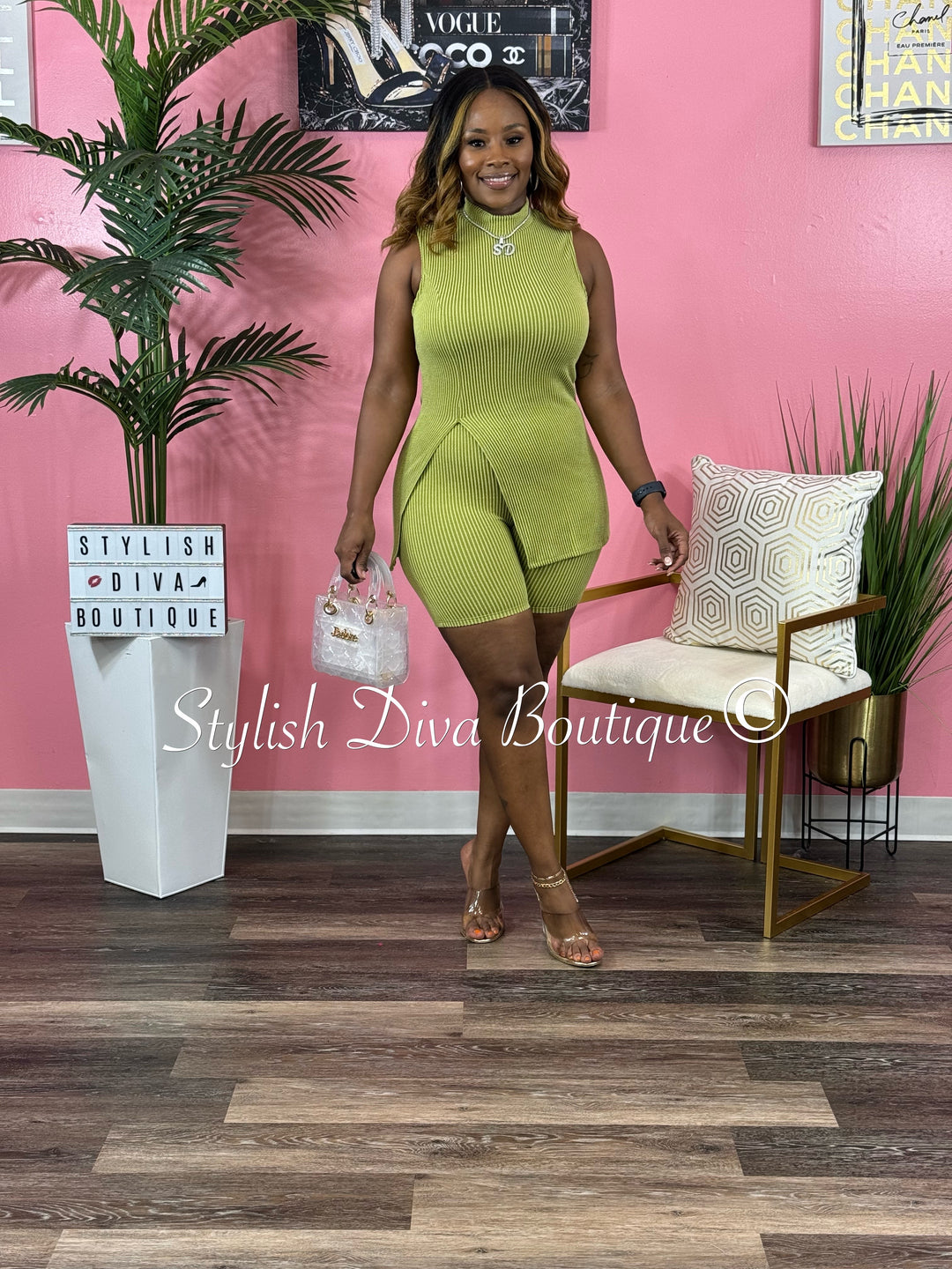 Mila Ribbed Short Set up to 3XL (Moss Green)