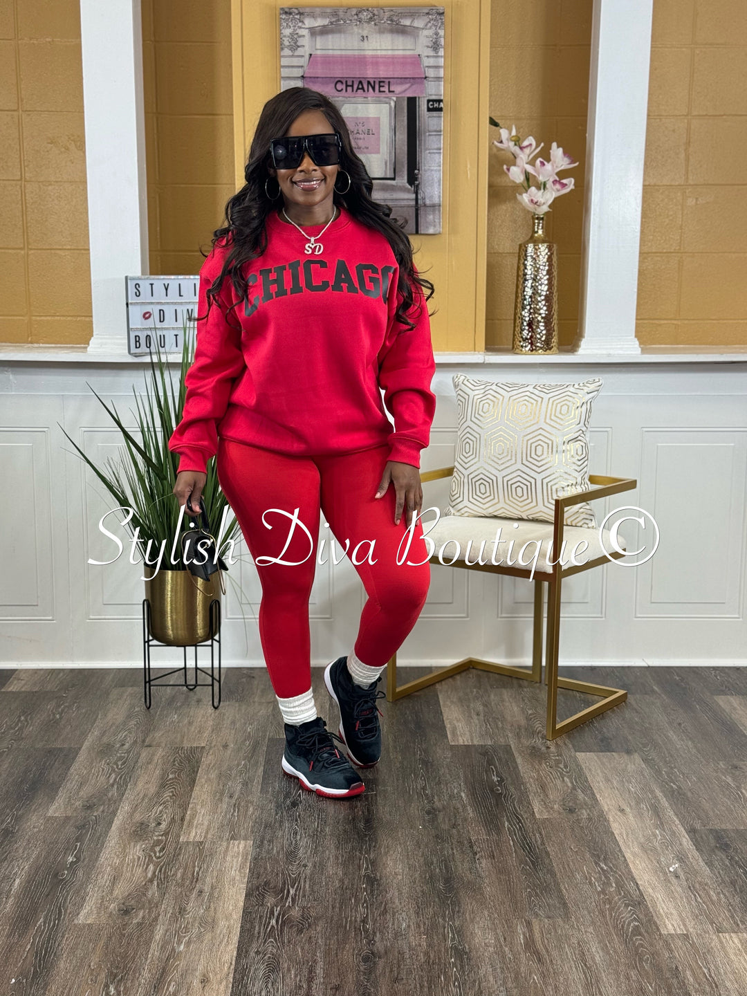 Chicago Oversized Sweatshirt & Leggings 3pc Set (Red Top w/ Red & Black Leggings)