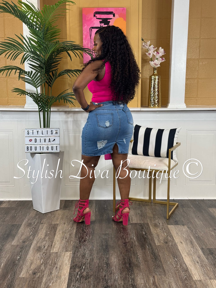 Nyla Distressed Denim Skirt (Medium Denim)