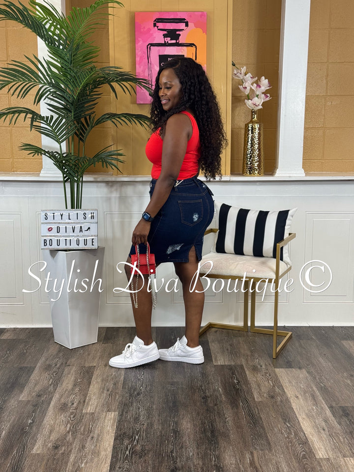 Nyla Distressed Denim Skirt (Dark Denim)