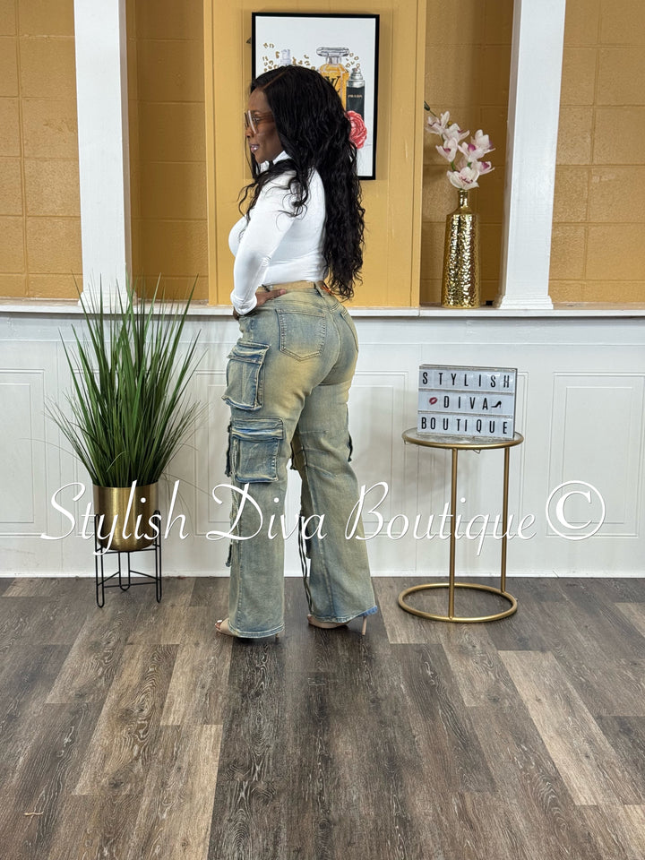 Main Character Acid Wash Cargo Jeans (Vintage Blue Wash)