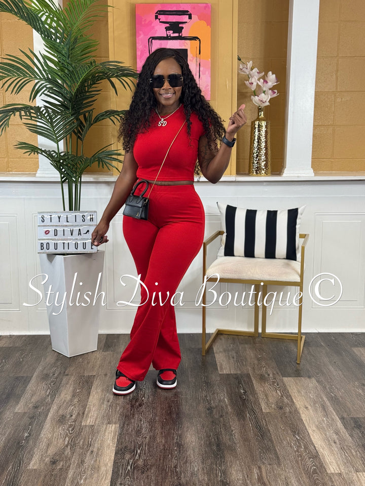 Haley Cropped Ribbed Set (Red)