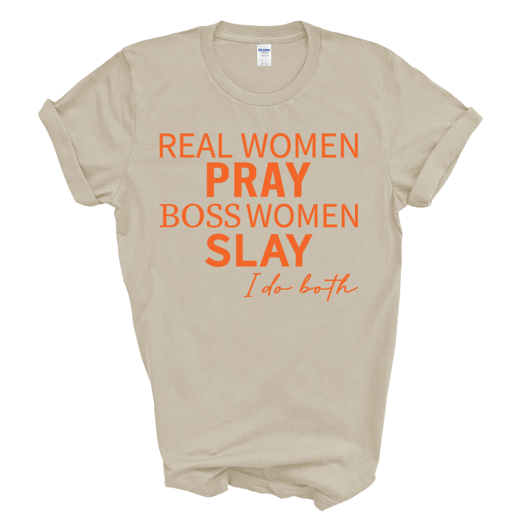 Real Women Boss Women T-Shirt (Sand Shirt/Orange Print)