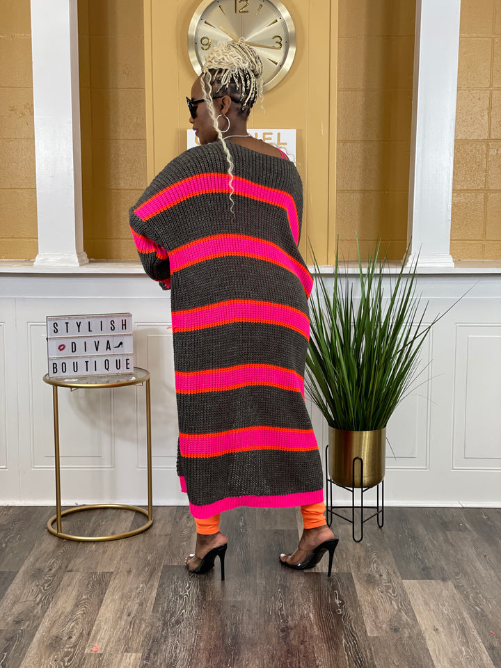 Sassy Striped Long Cardigan (Charcoal/Hot Pink/Orange)