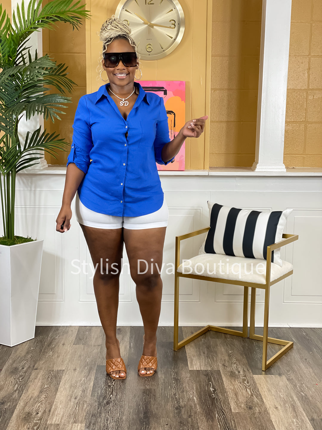 Breezy Feels V Neck Linen Shirt (Royal Blue)