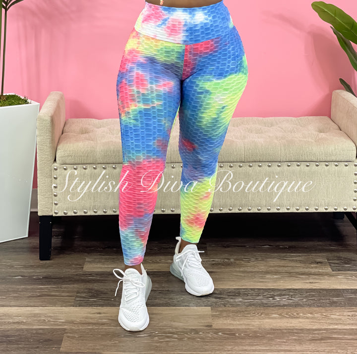 Tie Dye Honeycomb Leggings up to 3XL (Pink/Green)