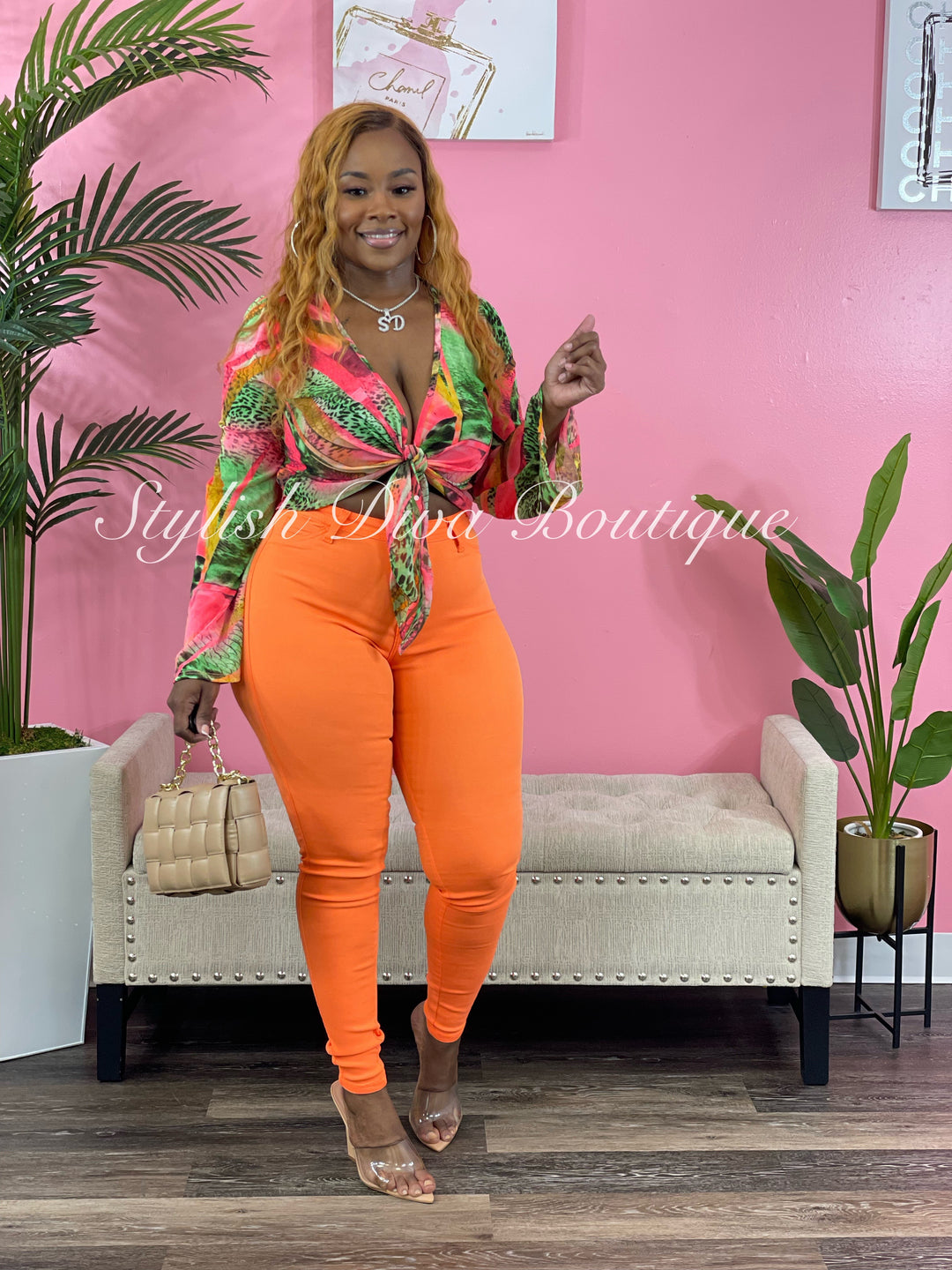 Flava Mesh Tie Top (Neon Orange/Green Multi)