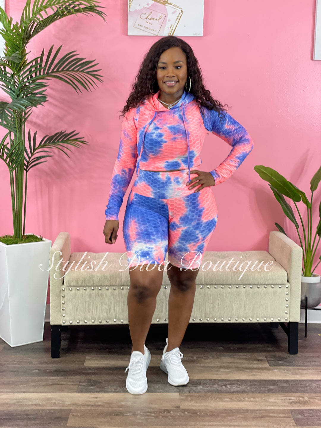 Tie Dye Honeycomb Cropped Hoodie up to 3XL (Blue/Pink)